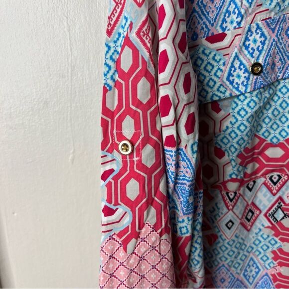 Talbots Pink Blue Patchwork Button Popover Long Sleeve Blouse - Picture 2 of 7